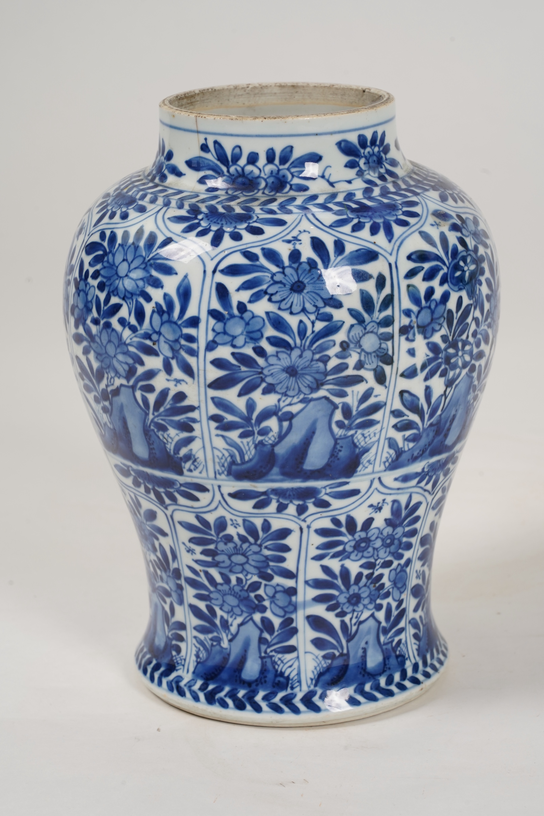 A Chinese blue and white ‘panelled flowers’ baluster vase, Kangxi period (1662-1722)